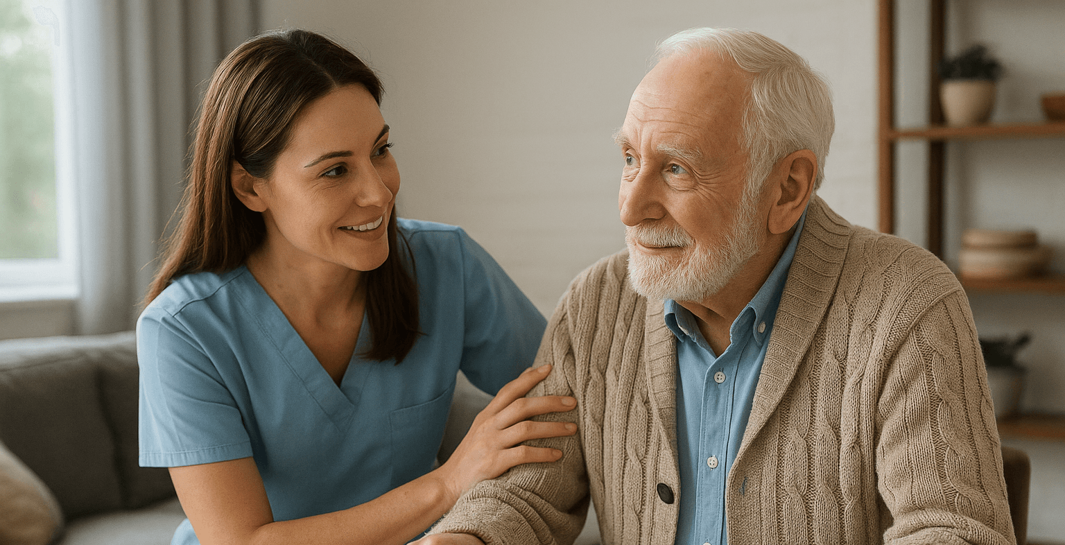 Caregiver and elderly woman sharing a joyful moment